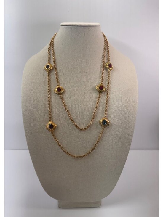 Jewelry - Gold Tone Station Renaissance Revival Necklaces Glass Faceted Set 2pc Statement